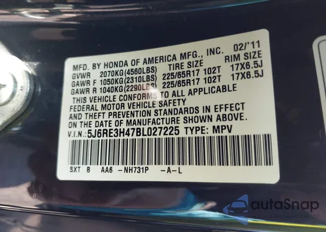 2011 Honda Cr-V Se from USA, damaged, VIN 5J6RE3H47BL027225